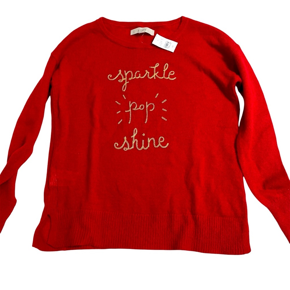 Loft XS red sweater nylon,acrylic,mohair, wool blend NWT gold embroidery holiday